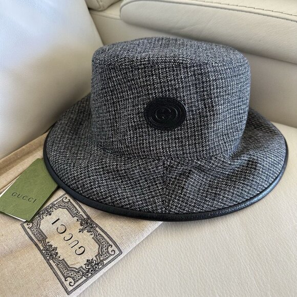 NWT Gucci New Bob Double Drap Grey Black GG Bucket Hat size M 58 Cm reversible